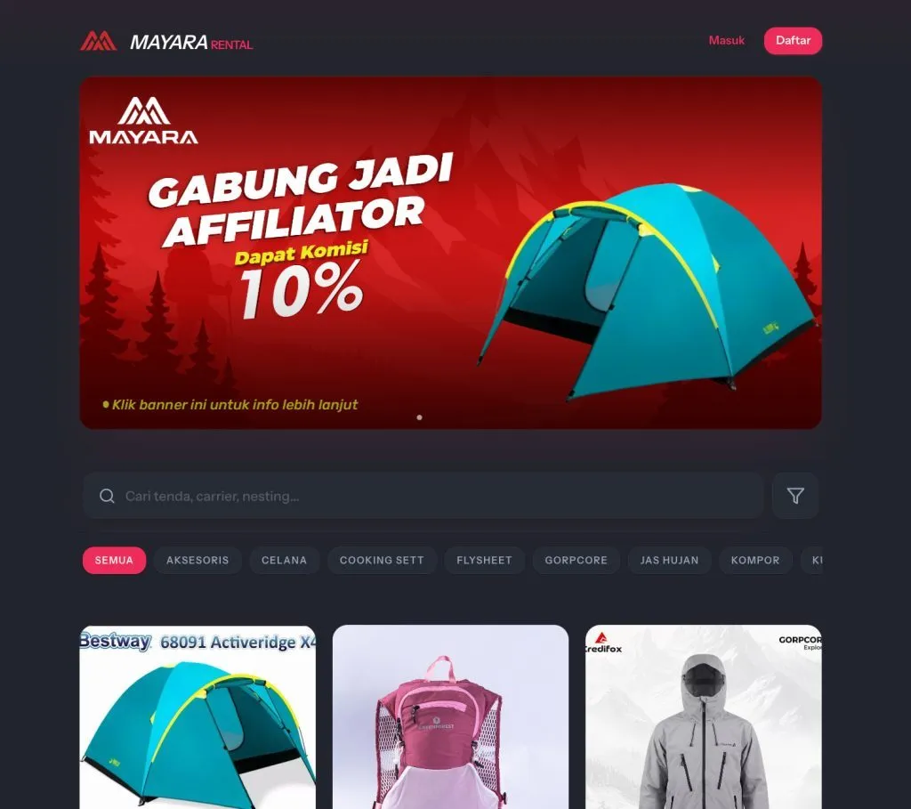 sewa alat outdoor dieng dari mayara